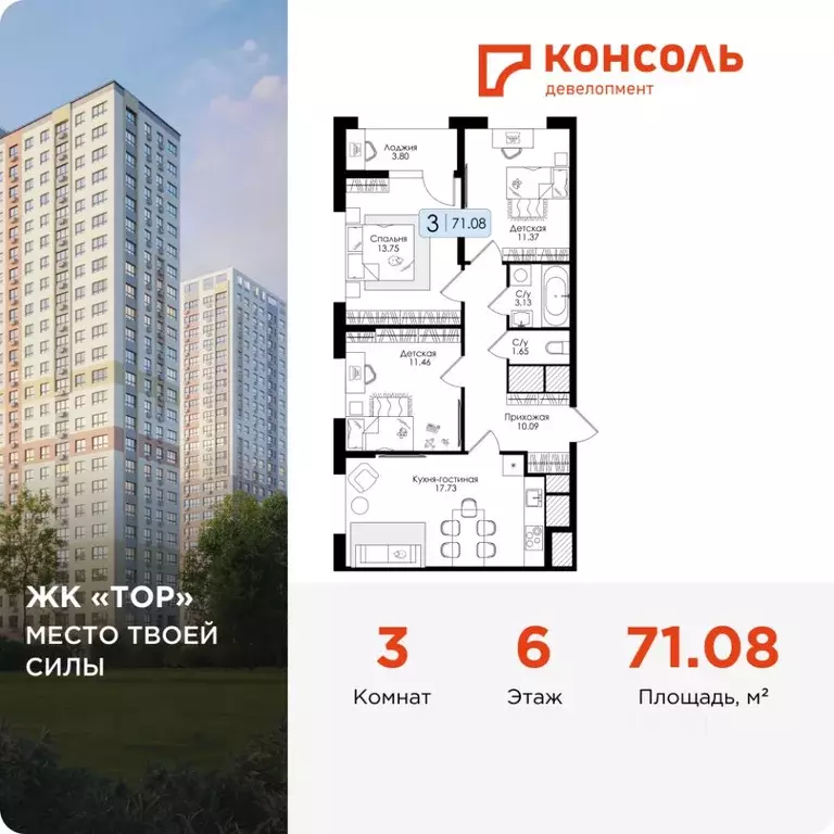 3-к кв. Тульская область, Тула Тор жилой комплекс (71.08 м) - Фото 0