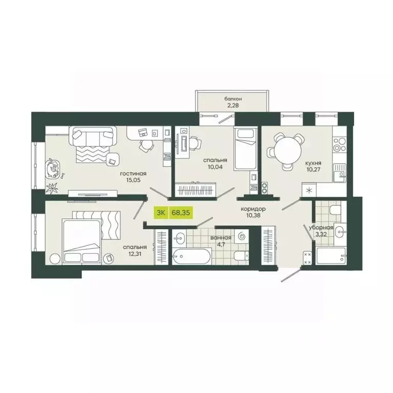 3-к кв. Новосибирская область, Новосибирск Гринвилл жилой комплекс ... - Фото 1