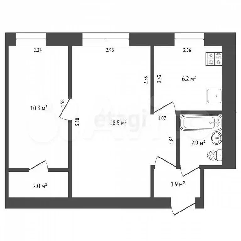 2-к. квартира, 41,8 м, 1/5 эт. - Фото 0