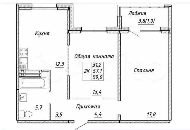 2-к. квартира, 59 м, 14/17 эт. - Фото 0