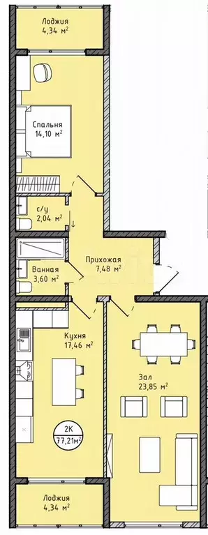 2-к. квартира, 77 м, 3/17 эт. - Фото 1