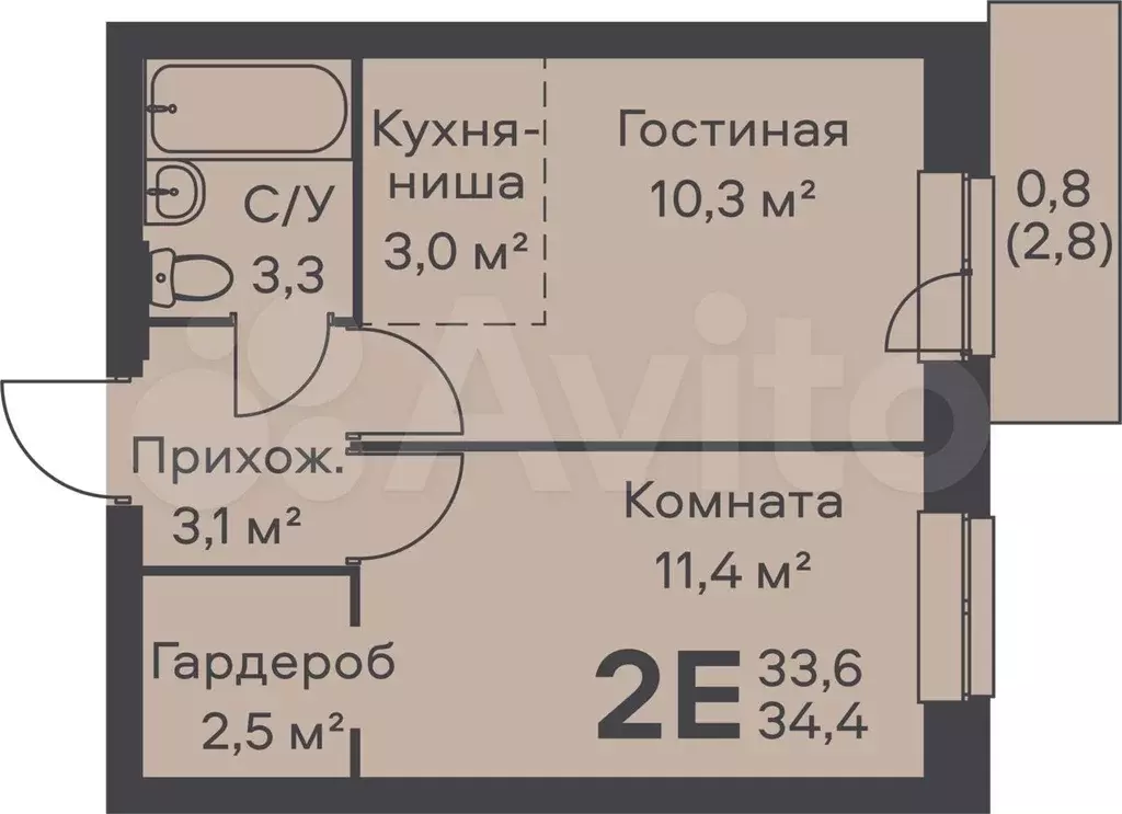 2-к. квартира, 34,4 м, 4/6 эт. - Фото 0