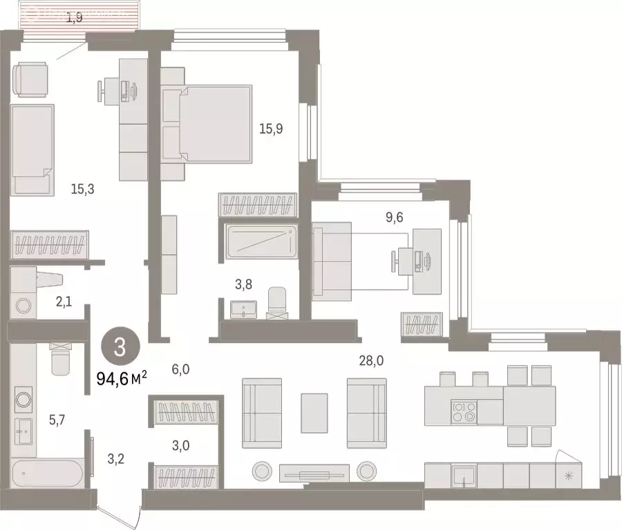 3-комнатная квартира: Тюмень, жилой комплекс Зарека (94.61 м) - Фото 1