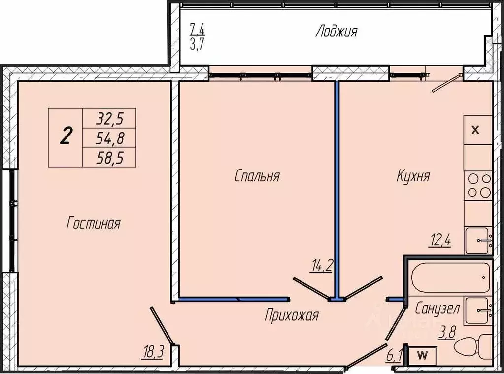 2-к кв. Кемеровская область, Кемерово просп. Притомский, 30Б (58.5 м) - Фото 1
