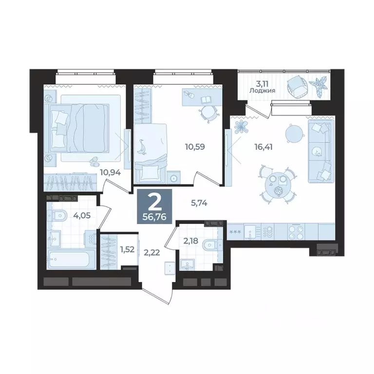 2-к кв. Свердловская область, Екатеринбург Уктус жилрайон,  (56.76 м) - Фото 1