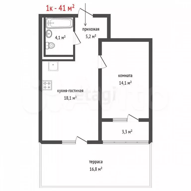 1-к. квартира, 41 м, 1/4 эт. - Фото 1