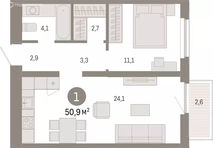 1-комнатная квартира: Тюмень, Мысовская улица, 26к2 (50.87 м) - Фото 1