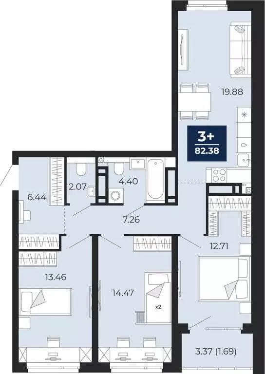 3-комнатная квартира: Тюмень, Арктическая улица, 16 (82.38 м) - Фото 0
