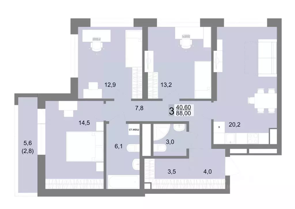 3-к кв. Свердловская область, Екатеринбург ул. Семена Лагоды, 80 (88.0 ... - Фото 1