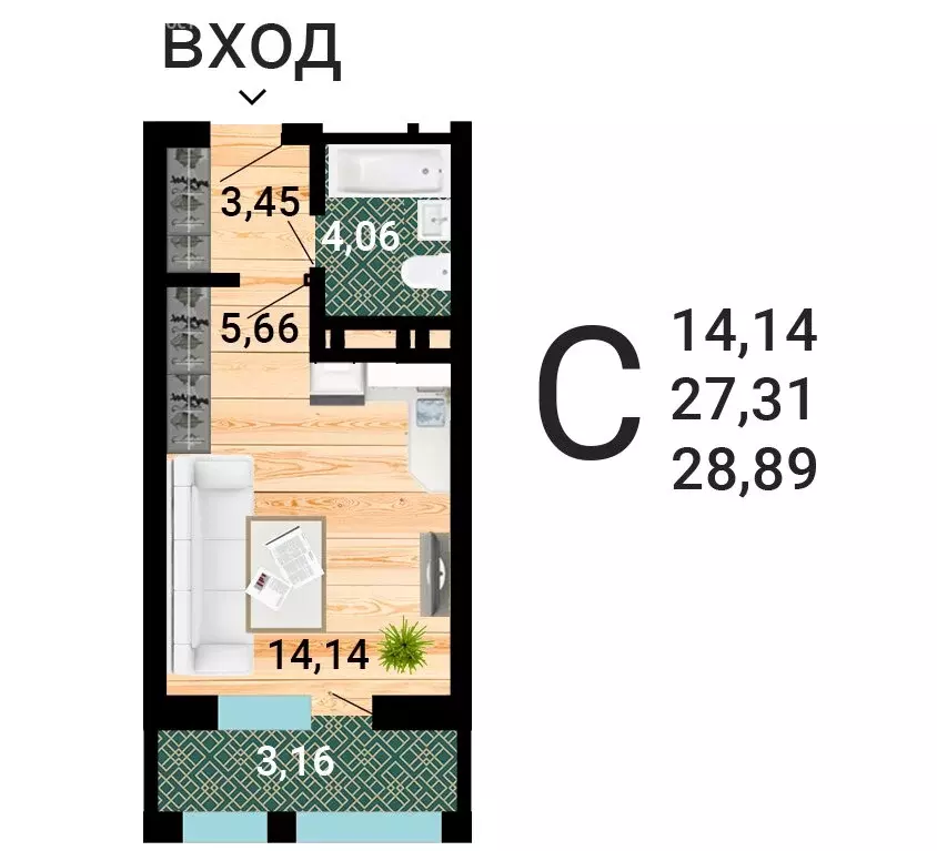 Квартира-студия: Воронеж, улица Лётчика Демьянова, 1 (29.82 м) - Фото 1