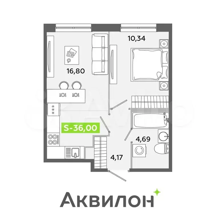 1-к. квартира, 36 м, 2/12 эт. - Фото 1