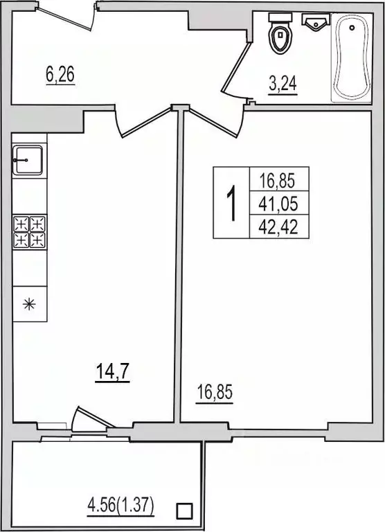 1-к кв. Псковская область, Псков Рижский просп., 94Г (42.42 м) - Фото 2