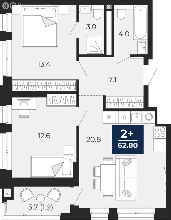 2-комнатная квартира: Тюмень, проезд Капитана Куликова, 5 (64.6 м) - Фото 1