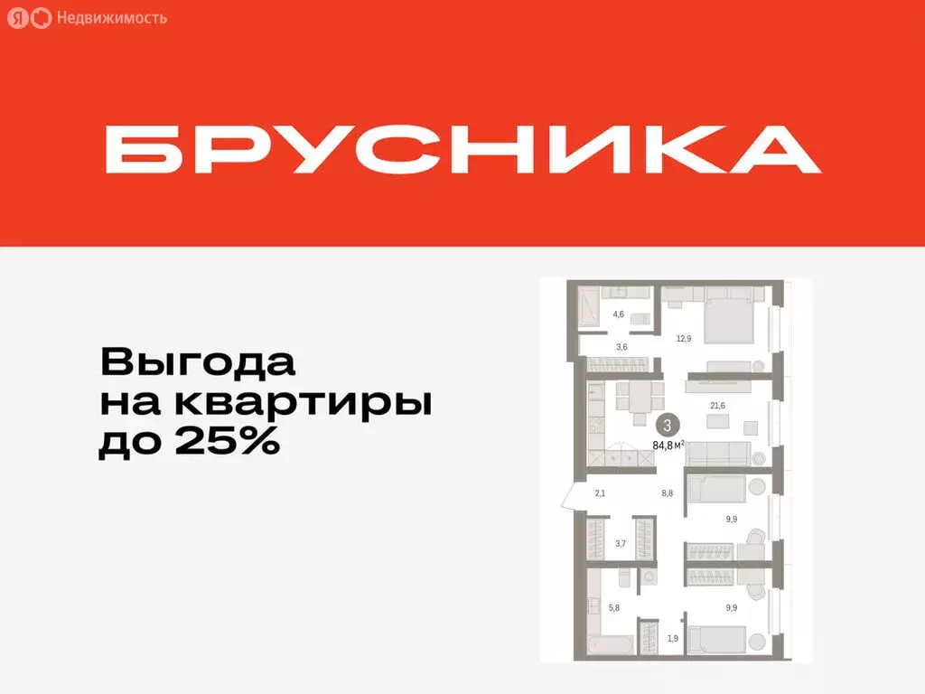 3-комнатная квартира: Тюмень, жилой комплекс На Минской (84.79 м) - Фото 0