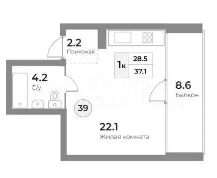 Апартаменты-студия, 37,1 м, 3/5 эт. - Фото 1