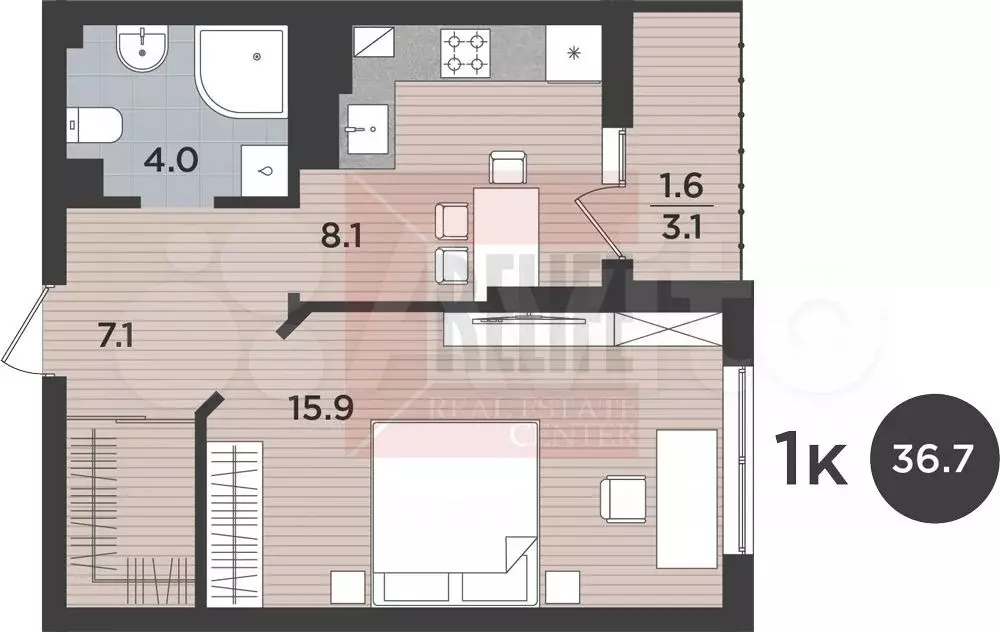 1-к. квартира, 36,7 м, 3/9 эт. - Фото 0