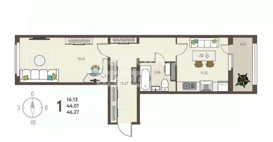 1-к кв. Липецкая область, Липецк ул. Механизаторов, 15А (46.27 м) - Фото 2