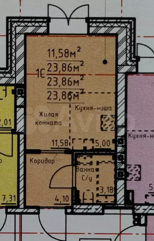 Квартира-студия, 23,3 м, 2/4 эт. - Фото 0