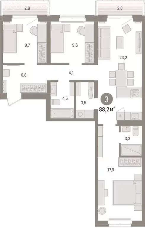 3-комнатная квартира: Тюмень, жилой комплекс На Минской (88.24 м) - Фото 1