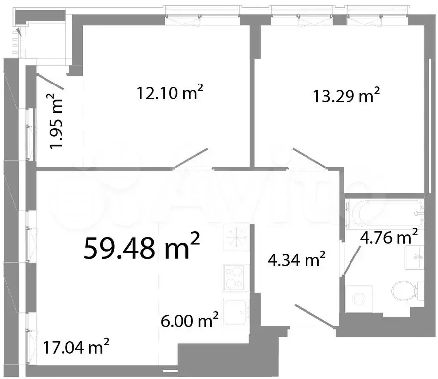 3-к. квартира, 59,5 м, 10/21 эт. - Фото 0