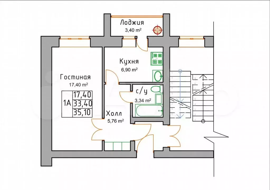 1-к. квартира, 35,1 м, 2/4 эт. - Фото 0