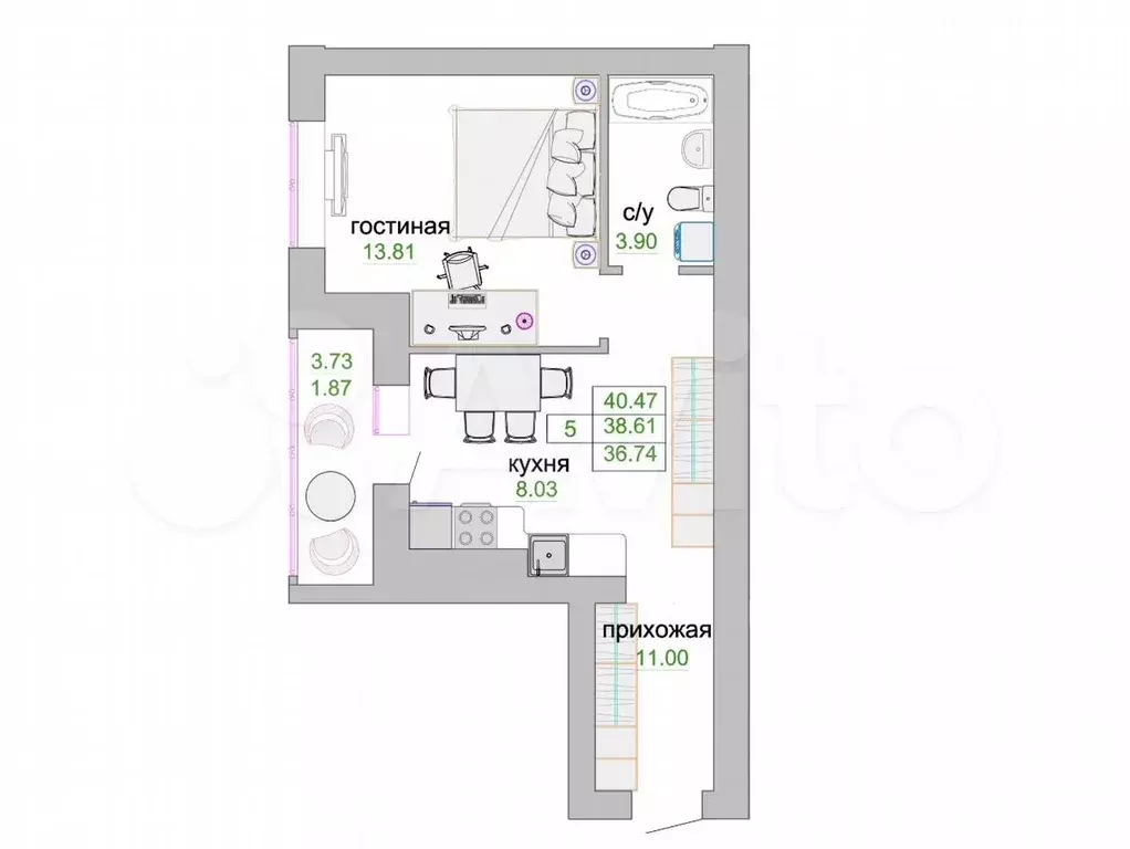 1-к. квартира, 39,1 м, 1/9 эт. - Фото 1