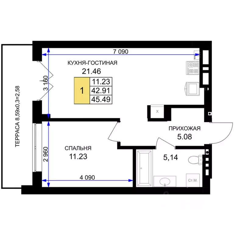 1-к кв. Калининградская область, Гурьевск Включи жилой комплекс (45.49 ... - Фото 1