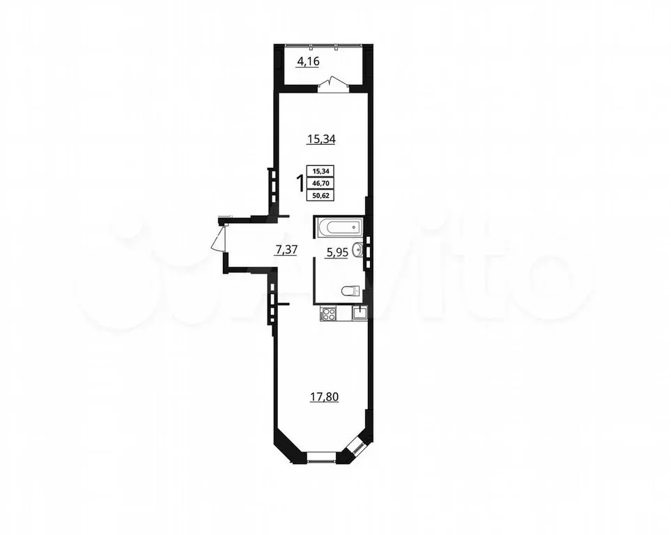 1-к. квартира, 50,6 м, 2/7 эт. - Фото 1