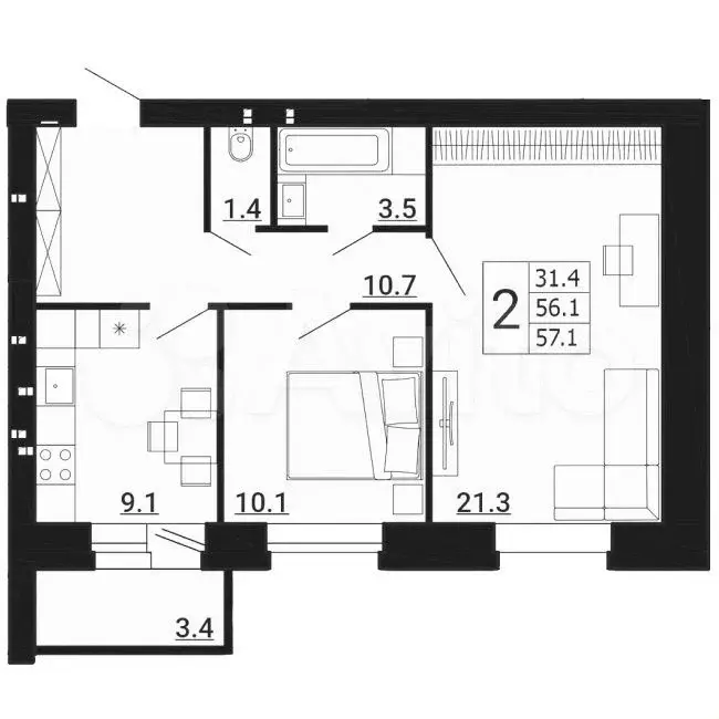 1-к. квартира, 36,1 м, 2/8 эт. - Фото 0