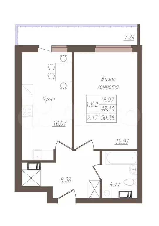 1-к. квартира, 50,4 м, 14/19 эт. - Фото 1