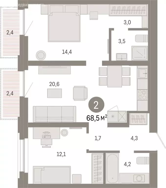 2-комнатная квартира: Тюмень, Мысовская улица, 26к2 (68.53 м) - Фото 1