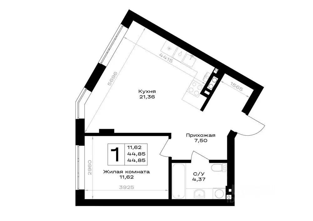 1-к кв. Калининградская область, Гурьевск Включи жилой комплекс (44.85 ... - Фото 1