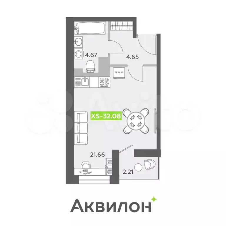 квартира-студия, 32,1 м, 12/13 эт. - Фото 1