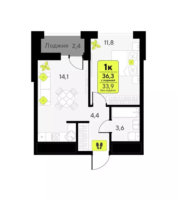 1-комнатная квартира: Тюмень, улица Первооткрывателей, 9 (36.3 м) - Фото 1