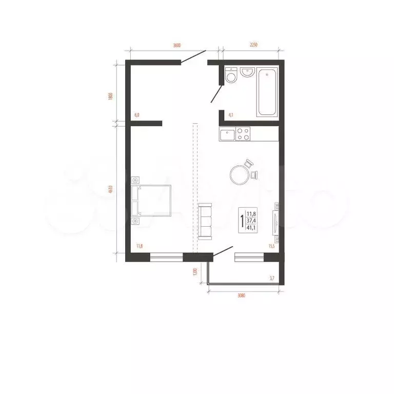 1-к. квартира, 41,1 м, 7/10 эт. - Фото 0