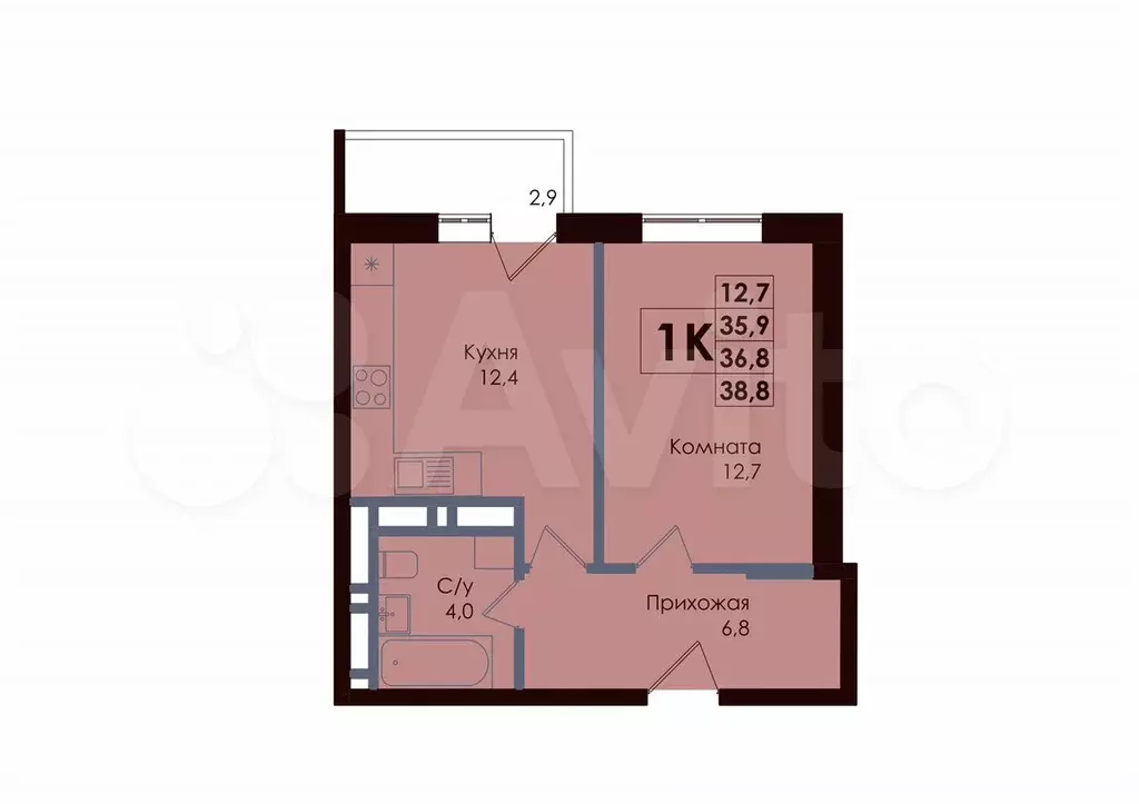 1-к. квартира, 36,8 м, 4/25 эт. - Фото 0