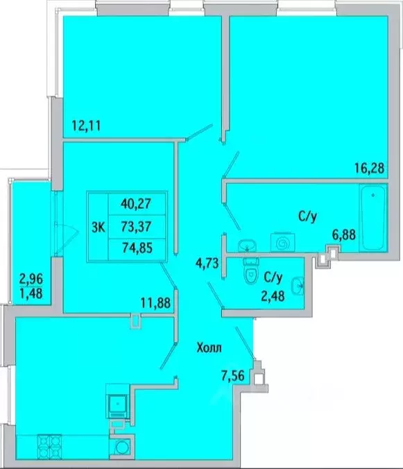 3-к кв. Ростовская область, Батайск ул. Ушинского, 29Ак1 (74.85 м) - Фото 0