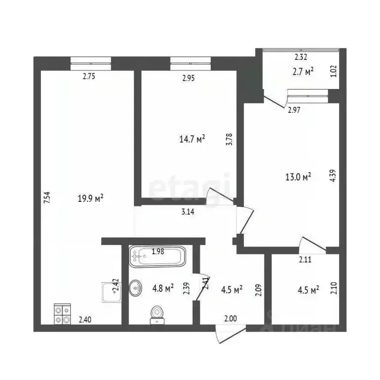 2-к кв. Тюменская область, Тюмень Полевая ул., 105 (61.4 м) - Фото 1
