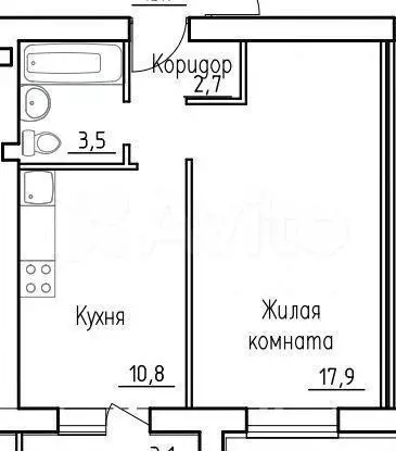 1-к. квартира, 35,2 м, 3/3 эт. - Фото 0