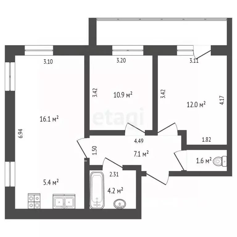 3-к кв. Коми, Сыктывкар Тентюковская ул., 300 (57.3 м) - Фото 1