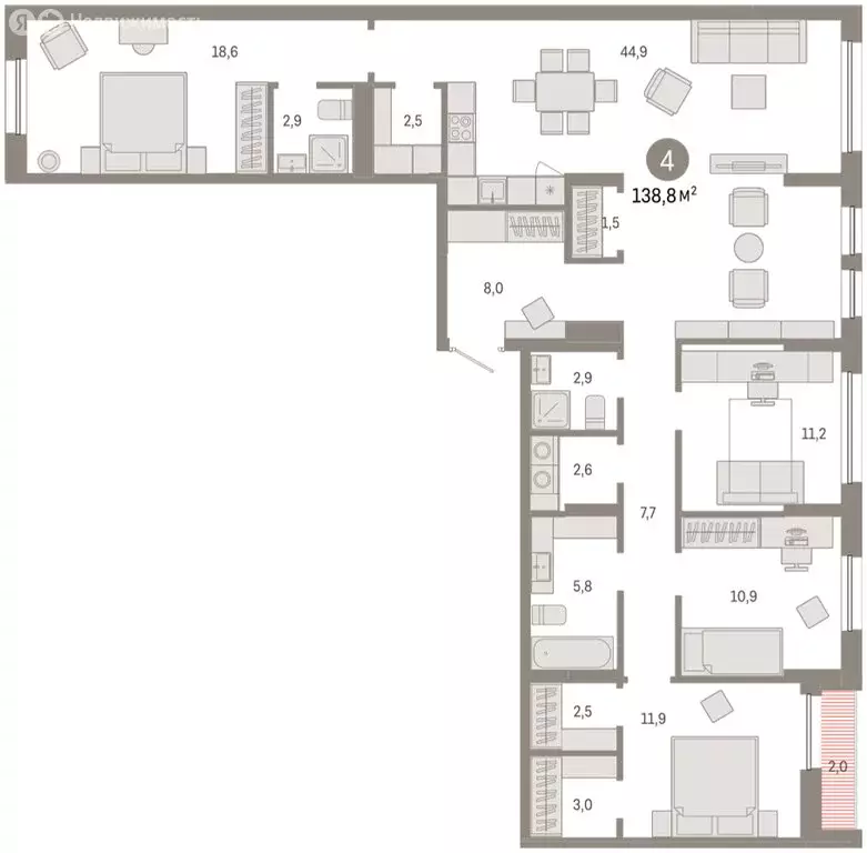 4-комнатная квартира: Тюмень, улица Республики, 205к1 (139 м) - Фото 2