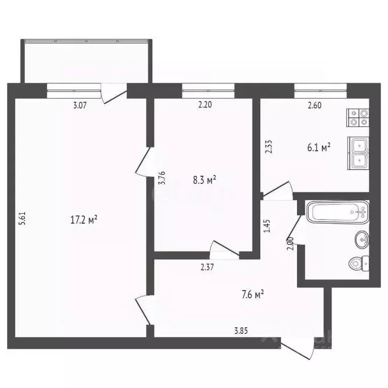 2-к кв. Костромская область, Кострома Костромская ул., 96 (56.7 м) - Фото 2