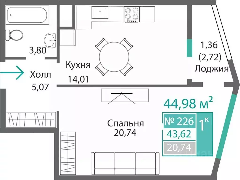 1-к кв. Крым, Симферополь Крымская роза мкр,  (44.98 м) - Фото 0