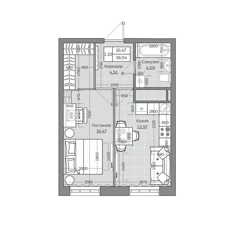 1-комнатная квартира: Казань, ЖК Сказочный Лес (38.04 м) - Фото 0