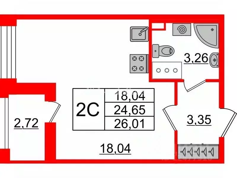 Студия Санкт-Петербург Уральская ул., 25 (24.5 м) - Фото 1