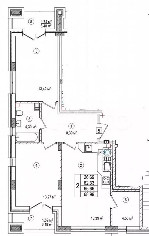 2-к. квартира, 66 м, 2/7 эт. - Фото 1