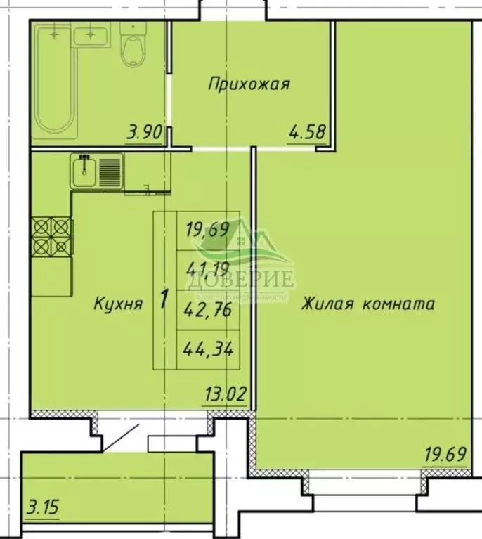 Продаётся 1-к квартира, 44.34 м - Фото 0