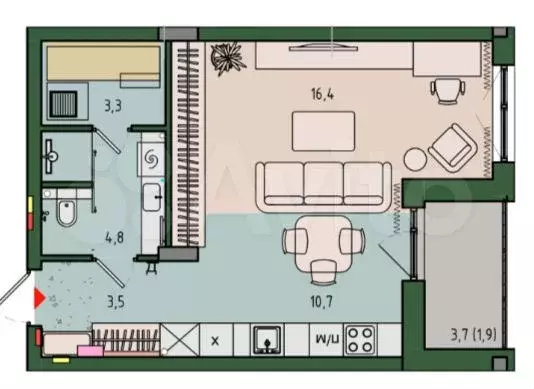 Квартира-студия, 40,6 м, 8/12 эт. - Фото 1