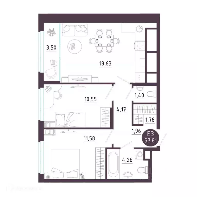 2-к кв. Рязанская область, Рязань Московское ш. (57.81 м) - Фото 1