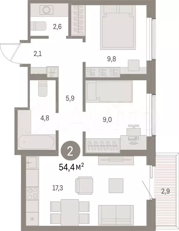 2-к. квартира, 54,4 м, 7/15 эт. - Фото 0